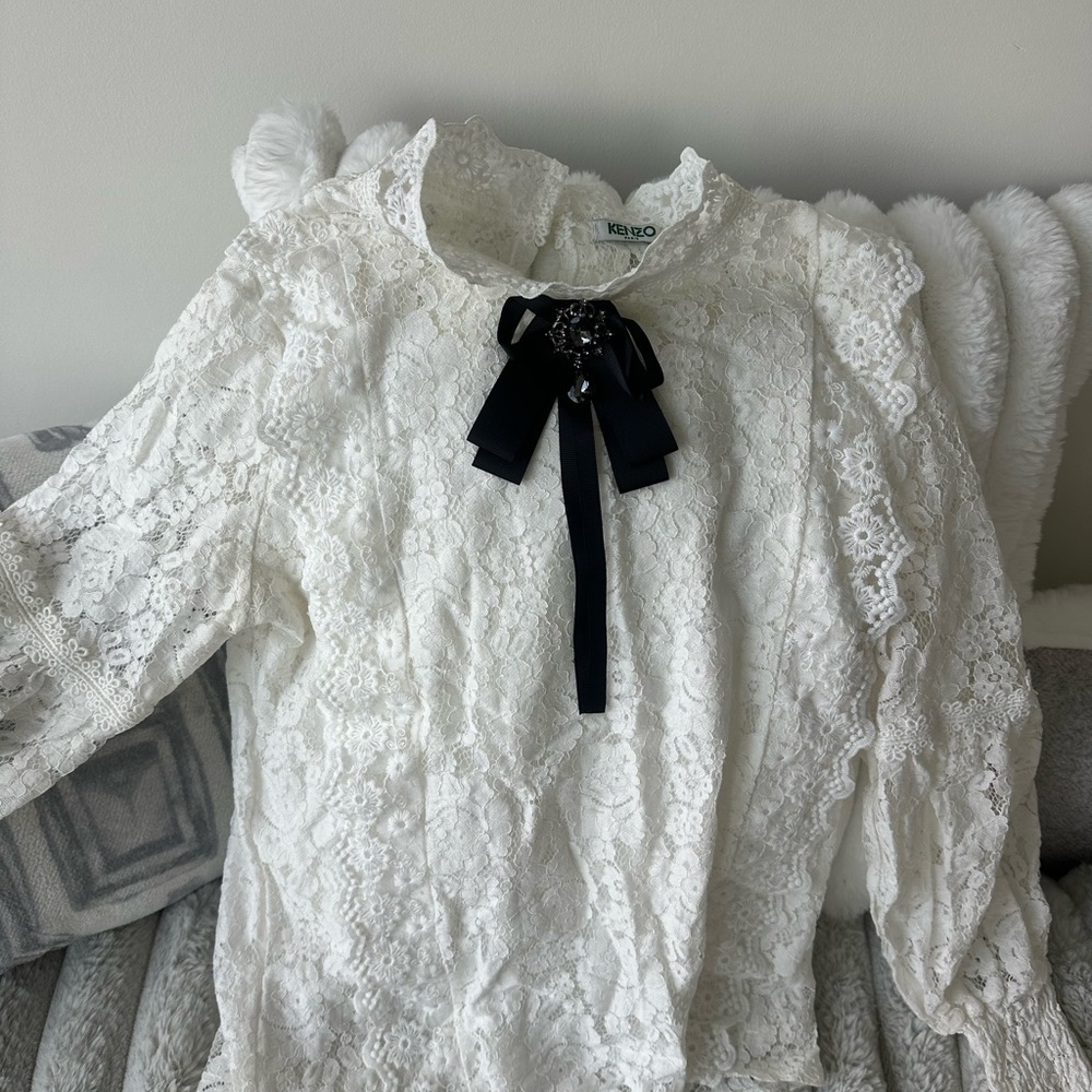 Kenzo White Lace Blouse with Black Bow